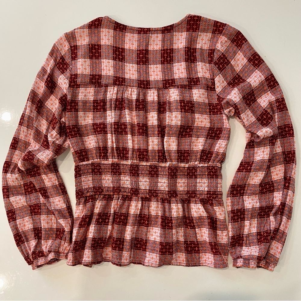 Anthropologie Red Plaid Long-Sleeve Smocked Waist Blouse - Picture 4 of 9